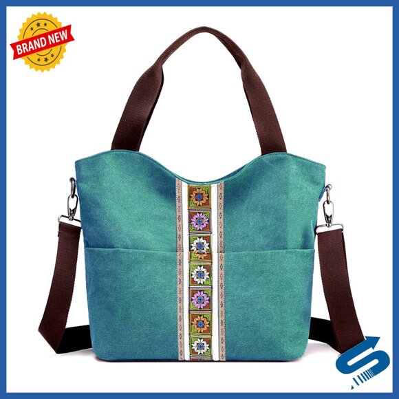 Handbags - Large Canvas Tote Bag Embroidered Boho Crossbody Shoulder Bag Multi Pocket